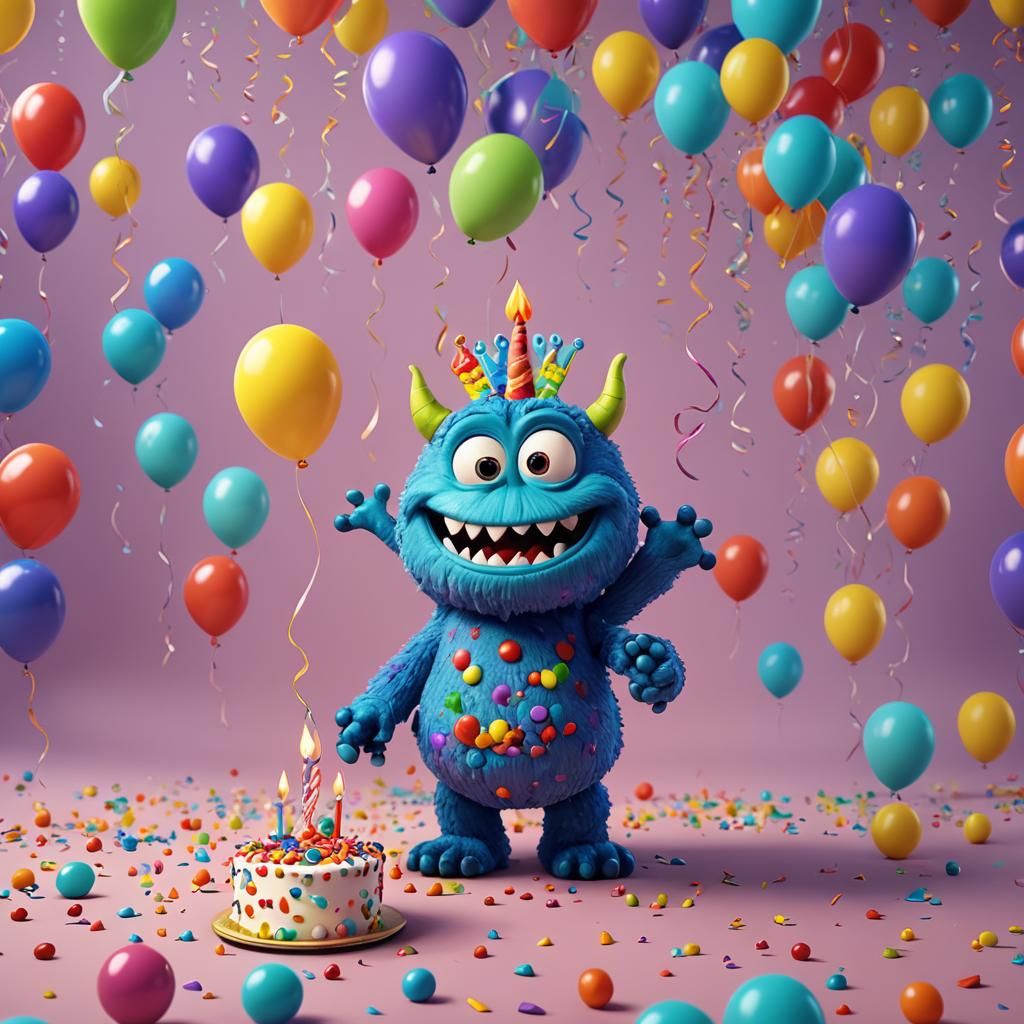 Happy Monster with Birthday Cake, Pixar Style