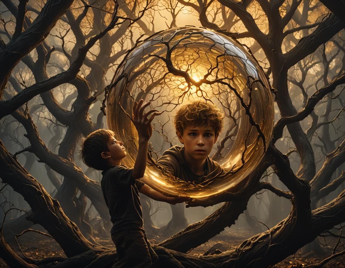 Boy Trapped in Golden Orb: Dark Fantasy Art