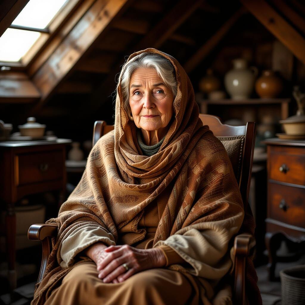 Elderly Woman in Attic, Photorealistic Fine Art Portrait