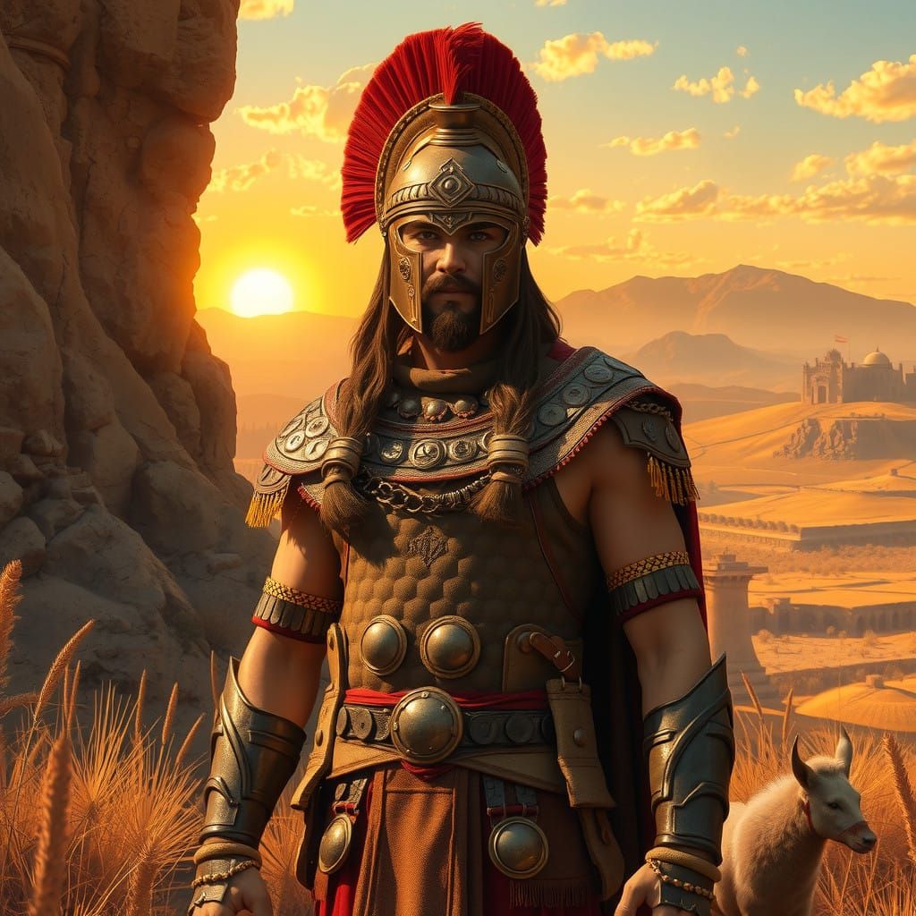 Regal Luwian Warrior in Sunset Anatolia Landscape