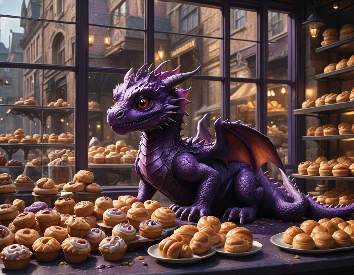 Purple Dragon Stares at Bakery Window: Concept Art