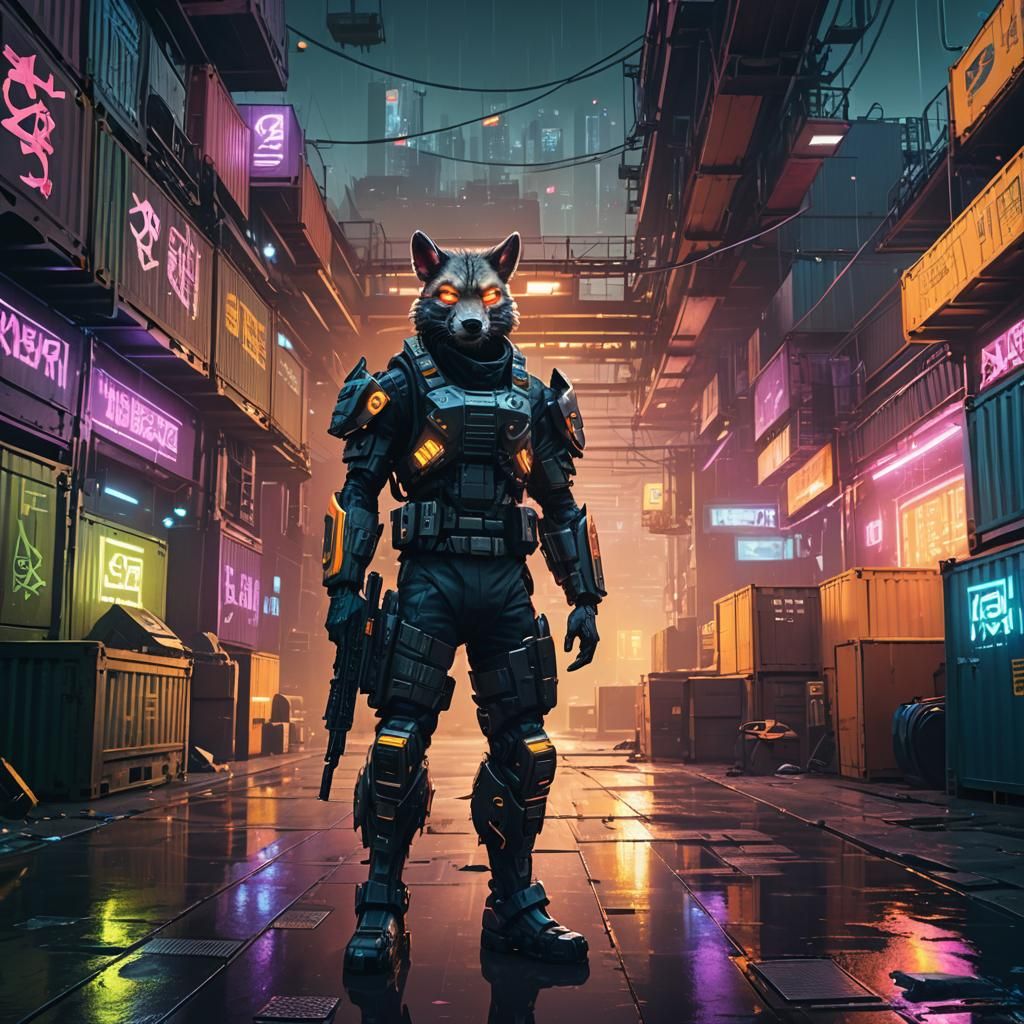 Cybernetically Enhanced Furry Soldier in Cyberpunk Style
