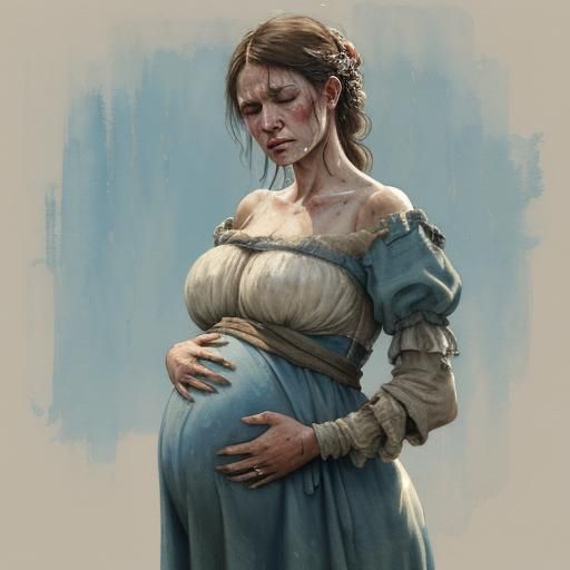 Pregnant Peasant Woman's Pain in Gouache Style