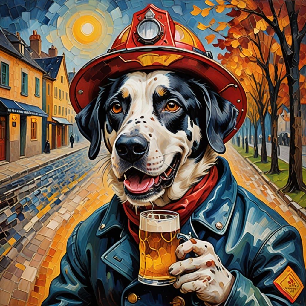 Dalmatian Firefighter Enjoys Beer in Cozy Setting