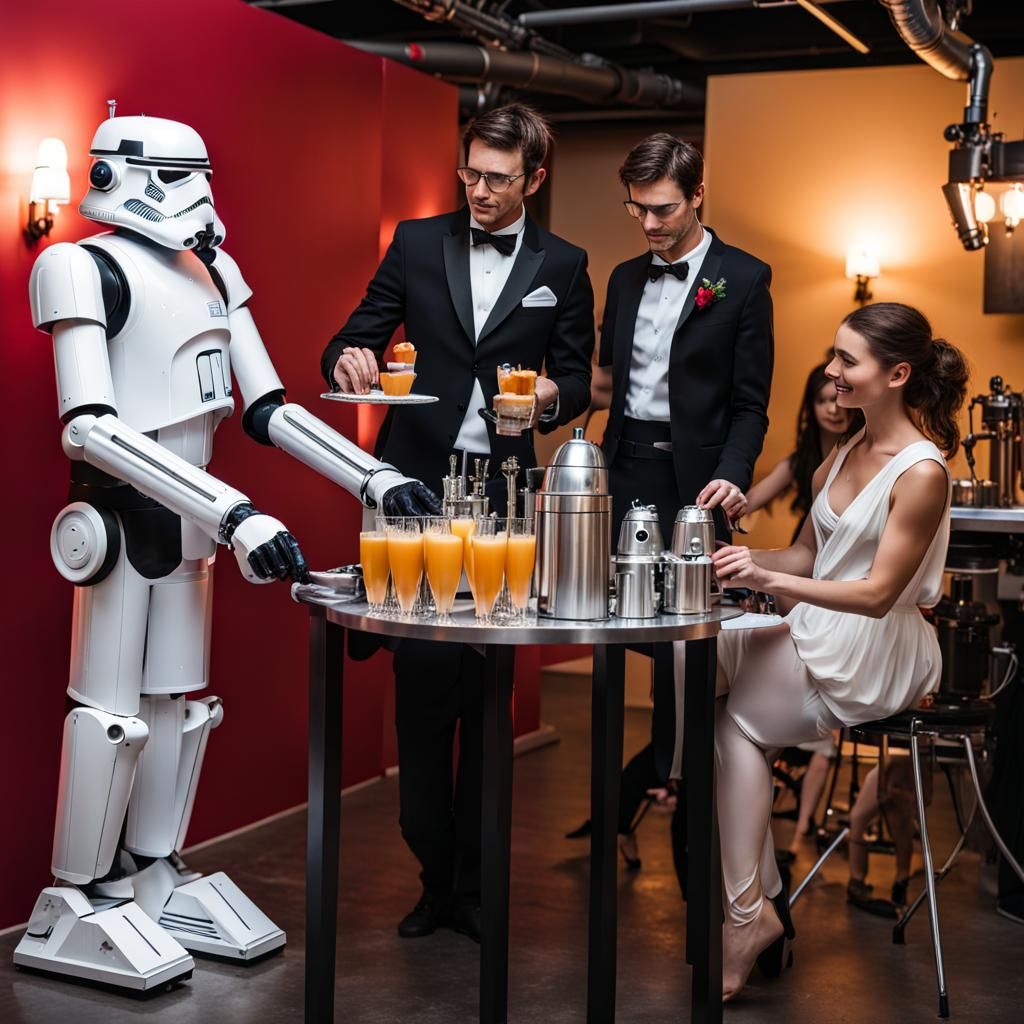 Industrial Robot Butler at Sci-Fi Party