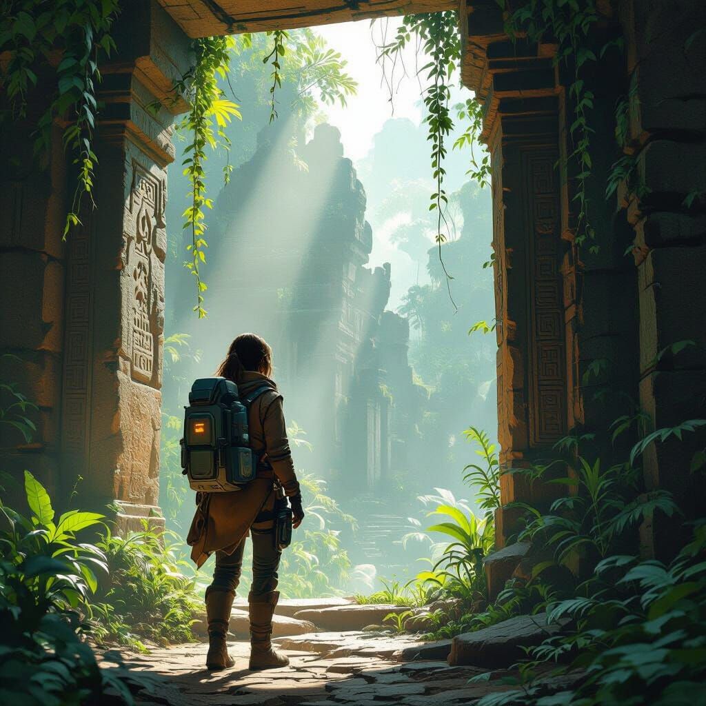 Explorer at Ancient Temple: Concept Art