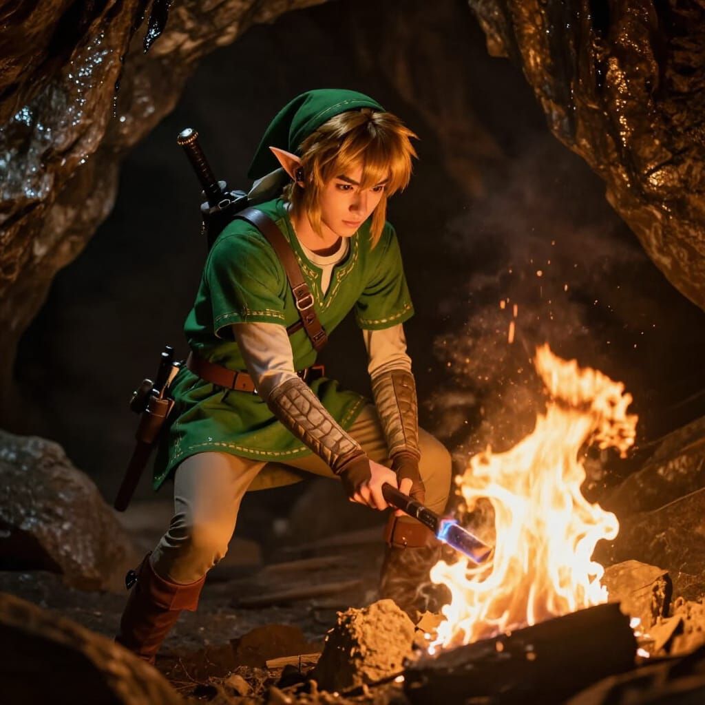 Link Makes Fire in Dark Cave with Cinematic Lighting