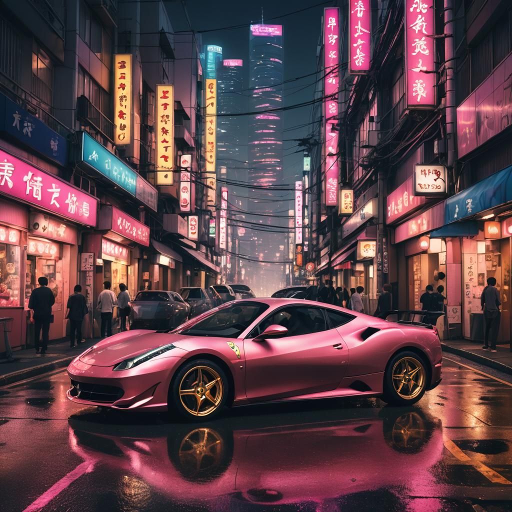 Golden Ferrari in Neon Tokyo: Matte Painting