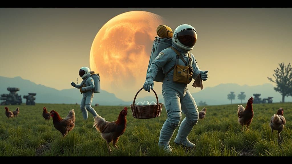 Astronauts Deliver Eggs in a Quirky Cosmic Landscape
