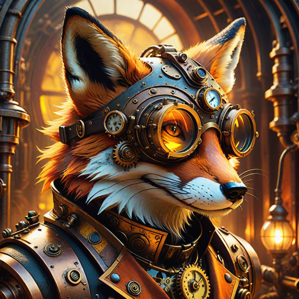 Surreal Steampunk Fox in Industrial Fantasy Landscape