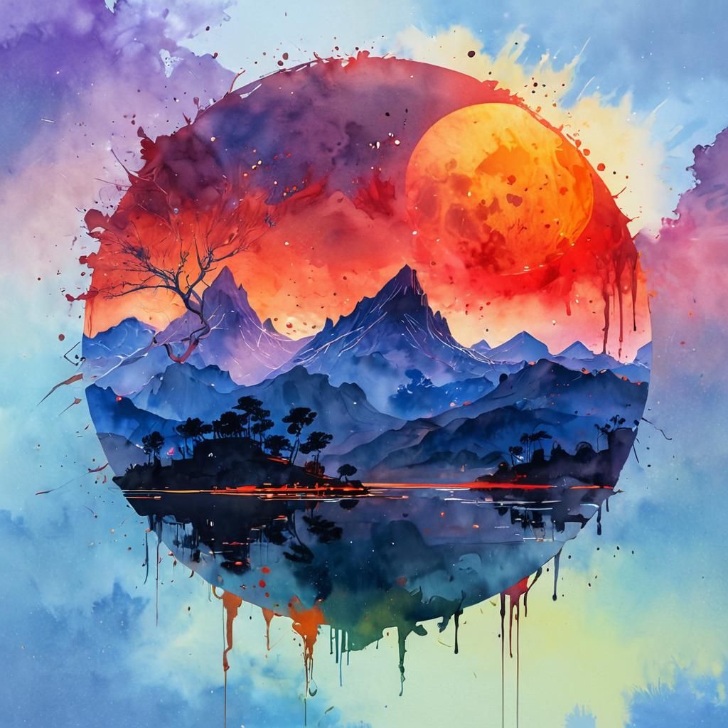 Blood Moon Summerscape: Detailed Watercolor Illustration