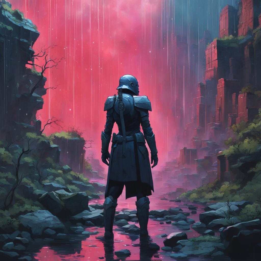 Heroic Female Warrior in Ancient Ruins