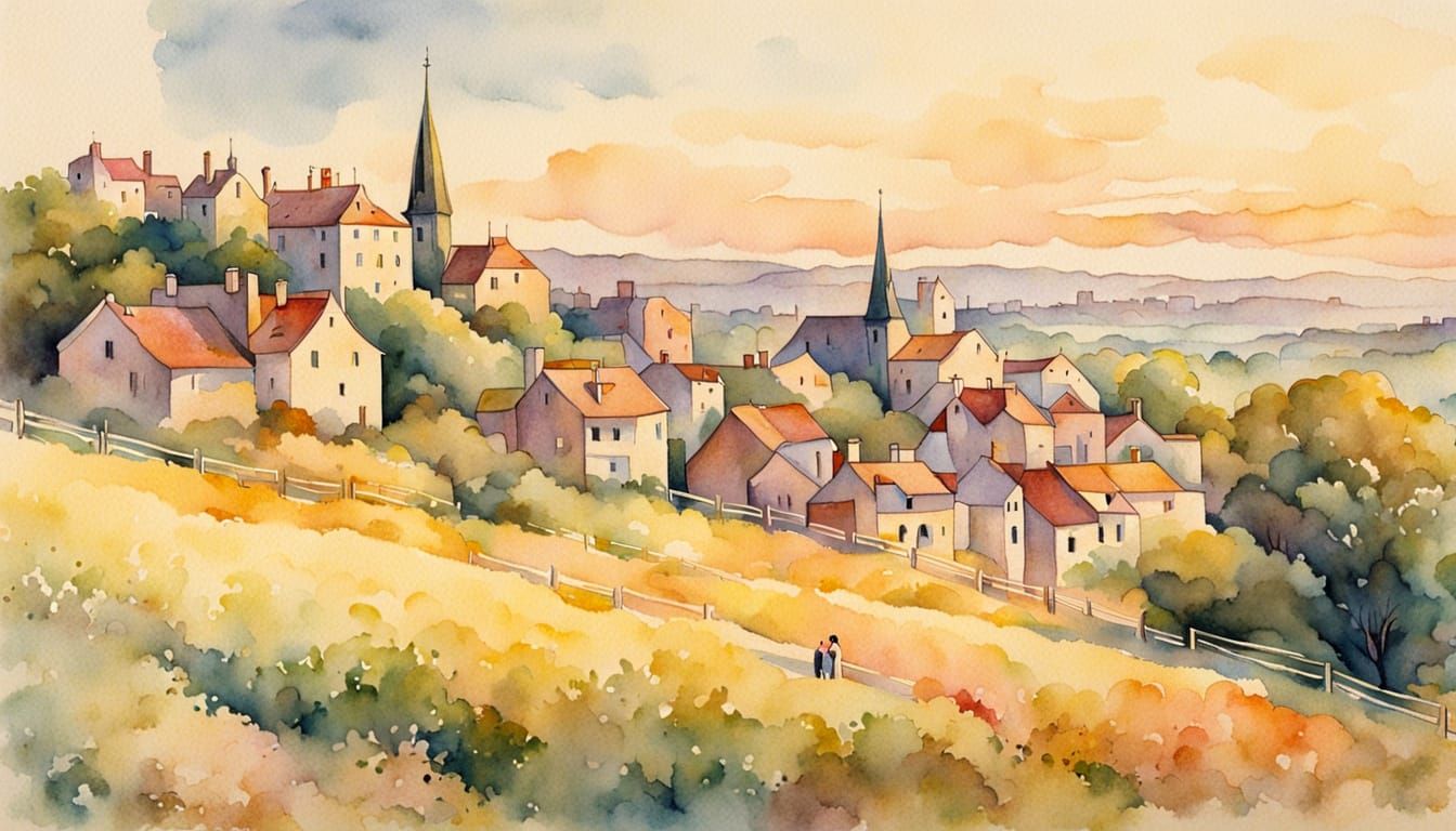 Dreamy Old Town Landscape in Watercolor Style