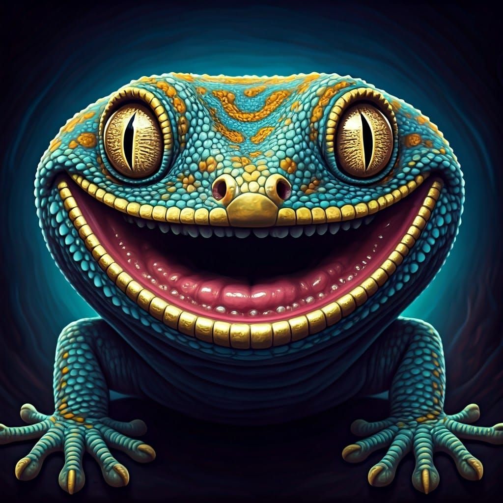 Cyberpunk Cheshire Gecko with Exaggerated, Nightmarish Grin