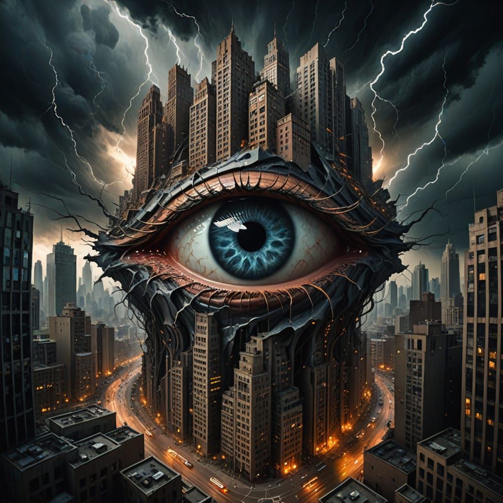 Twisted Cityscape Forms a Colossal Human Eye in a Futuristic...