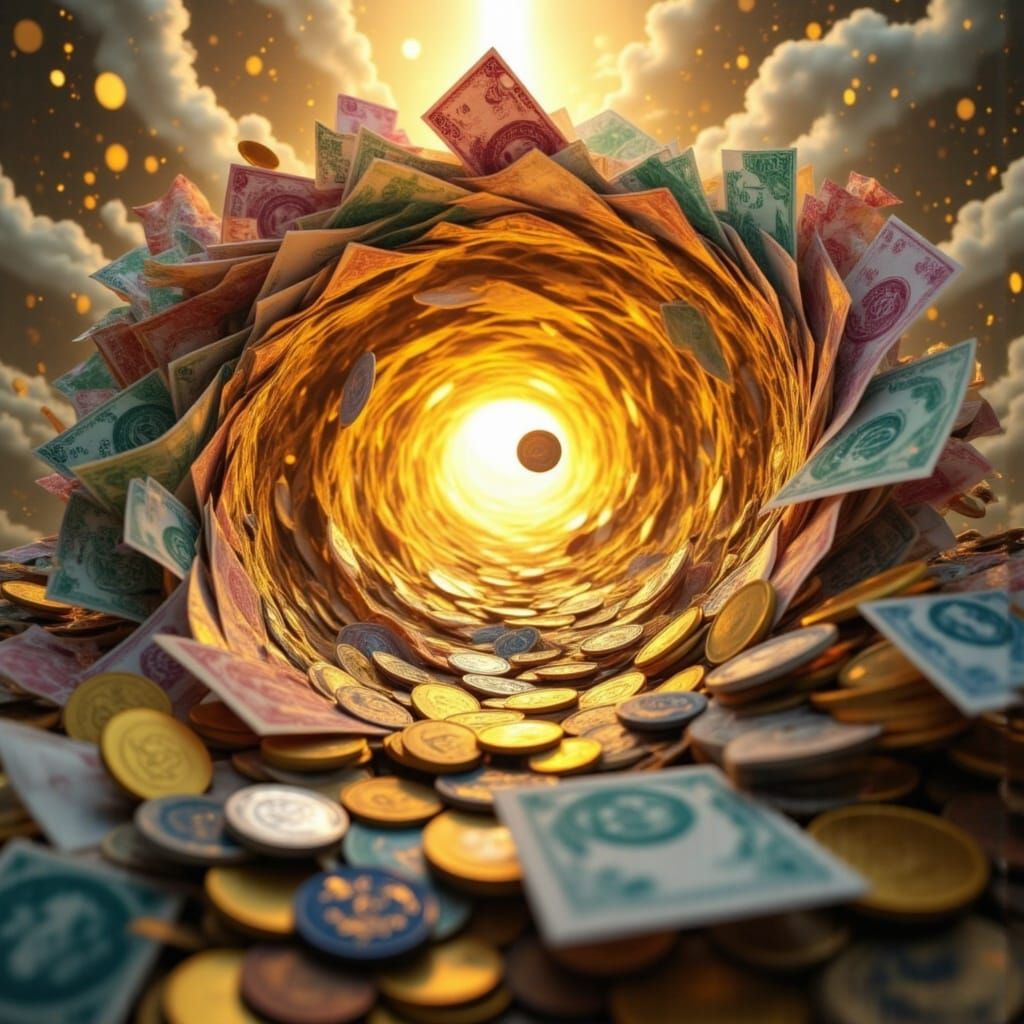 Swirling Currency Vortex in Hyperrealistic Tarot Style