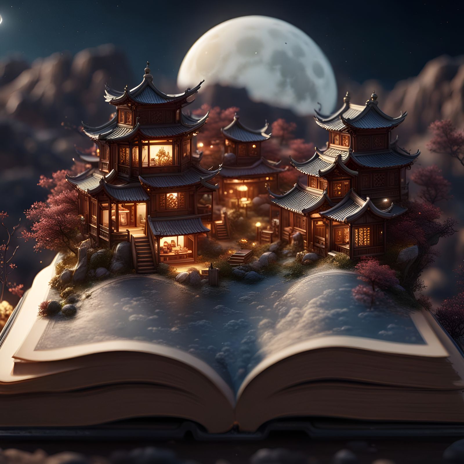 Miniature Chinese Village on Open Book in Detailed Matte Pai...