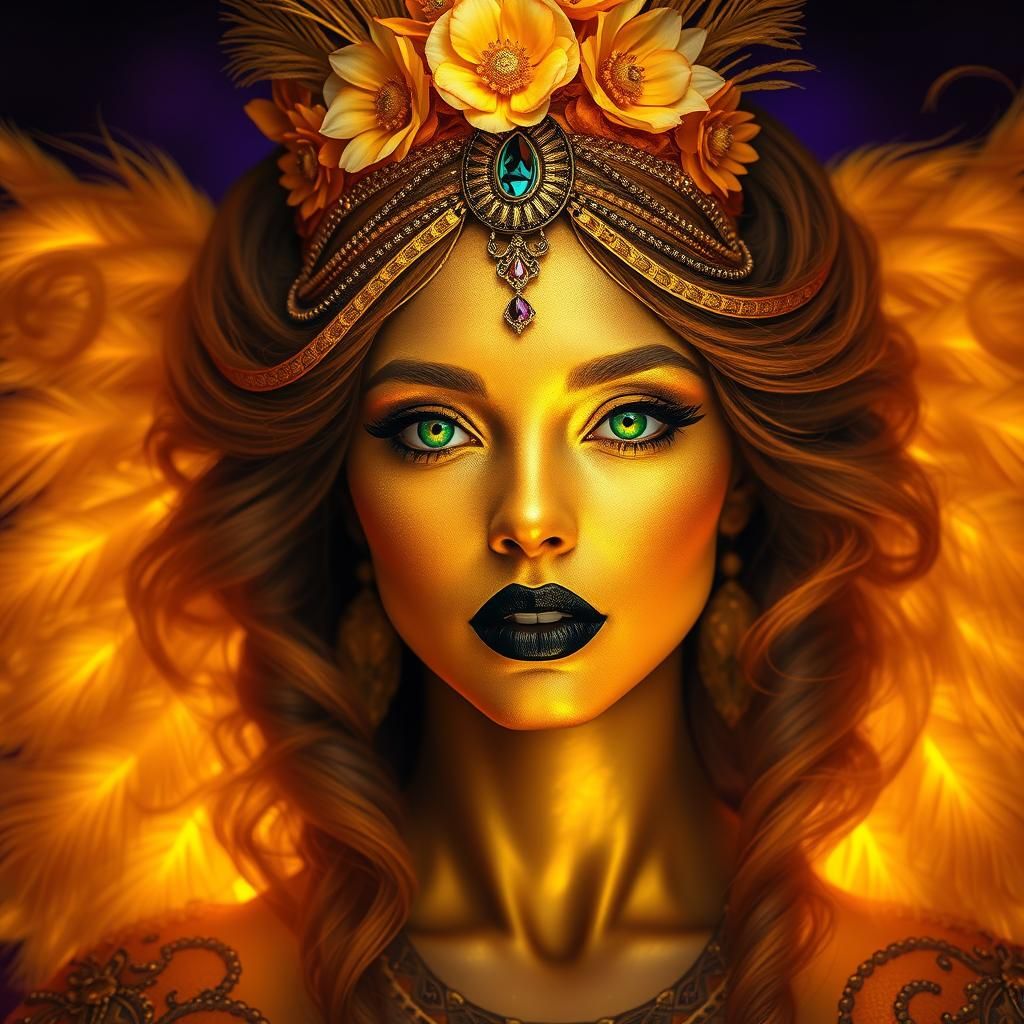 Regal Gold Woman with Peacock Feathers, Art Nouveau Style