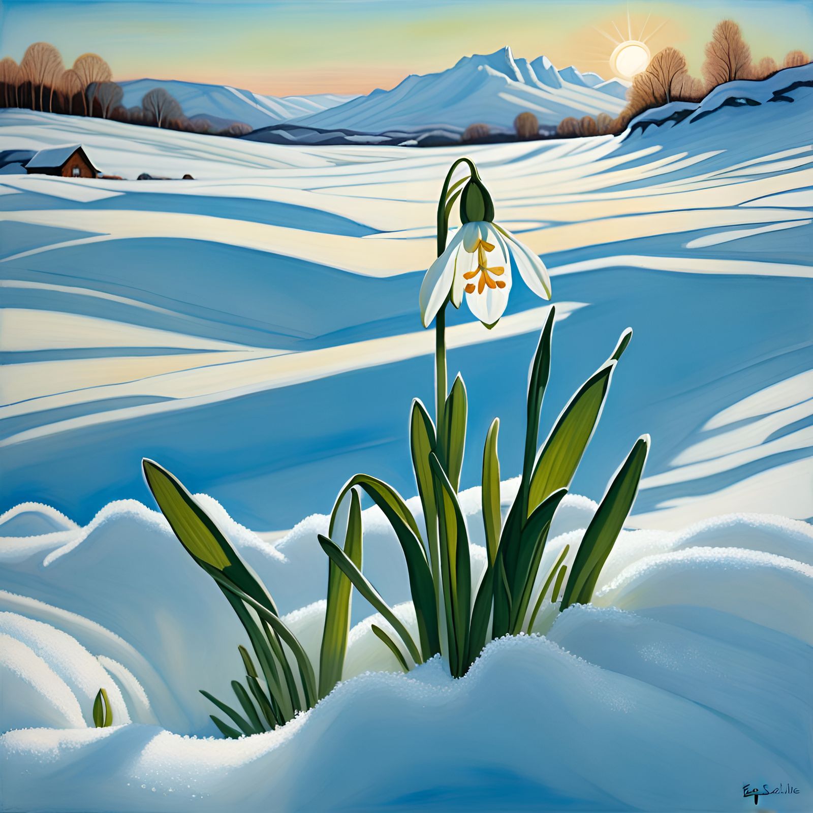 Snowdrop in Dawn Light: Surreal Goth Oil Painting