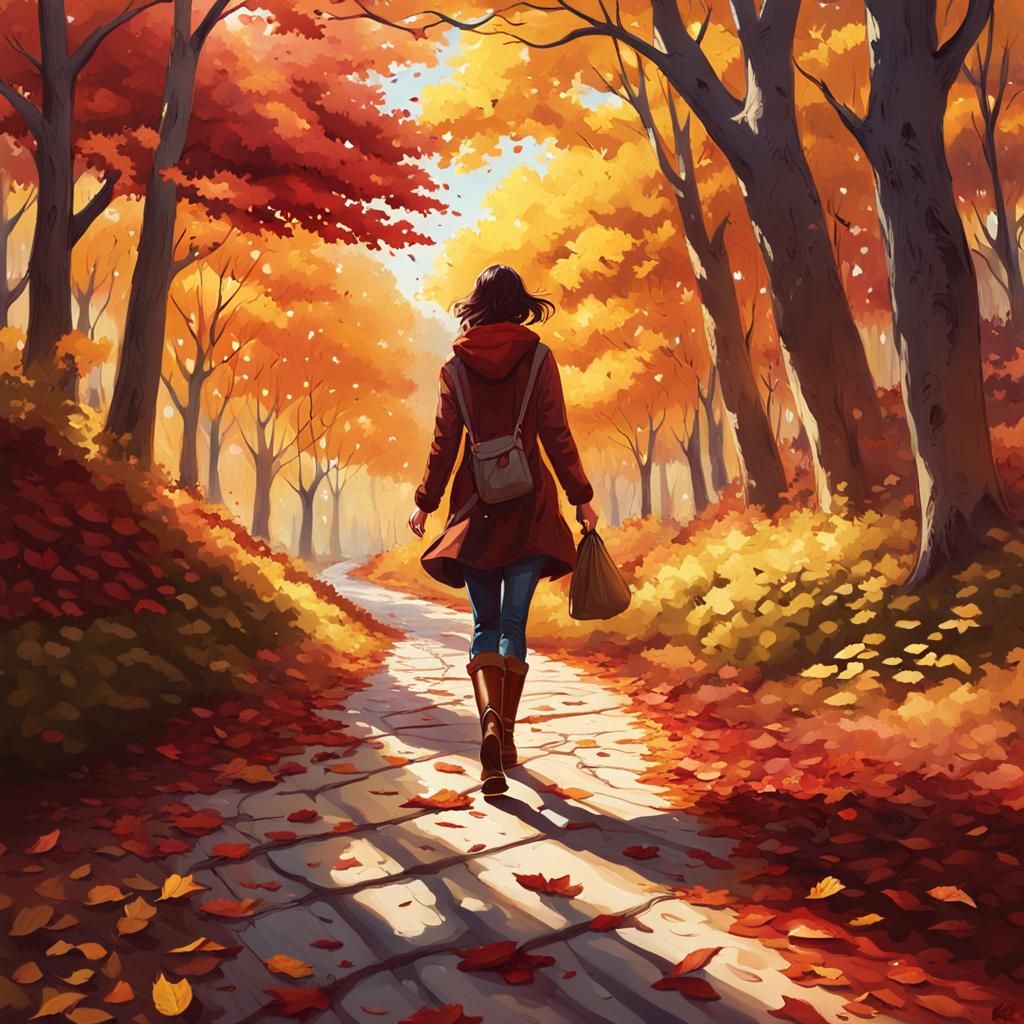 Woman Walks Crimson Path in Golden Forest