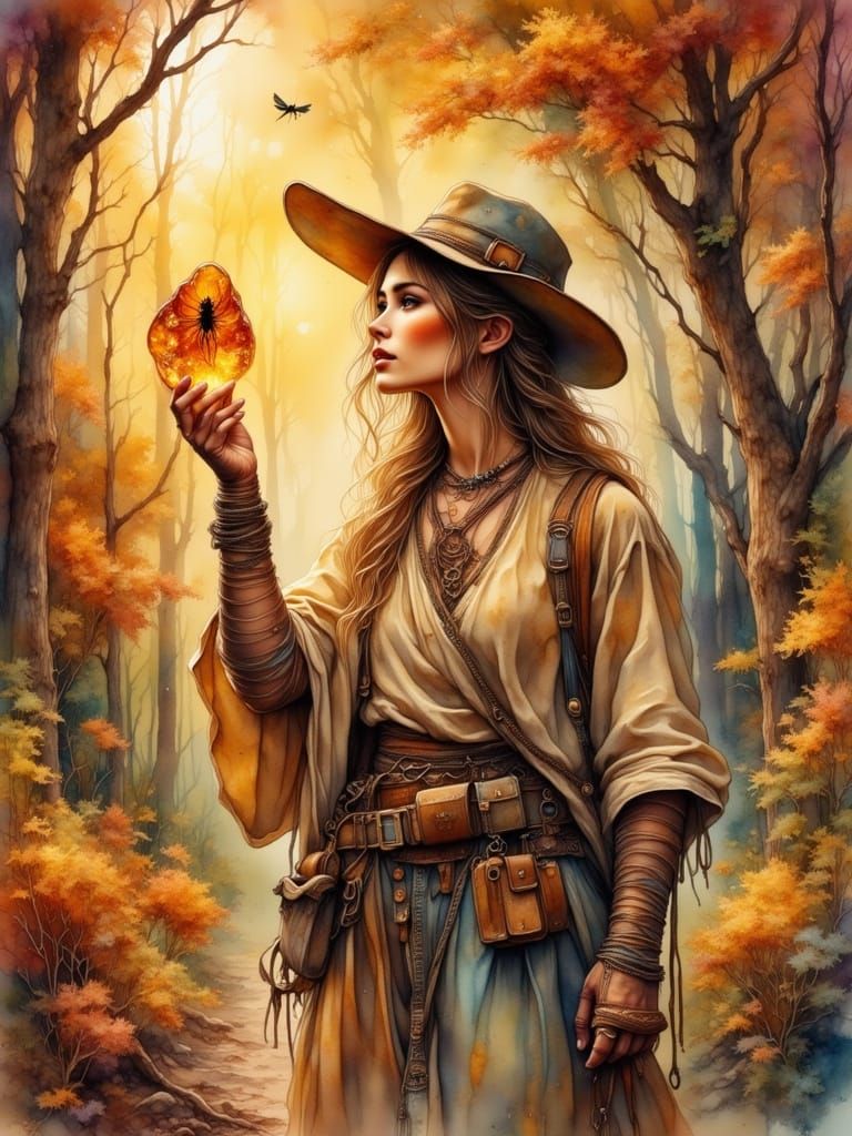 Miner Reveals Mosquito in Amber, Antique Watercolor