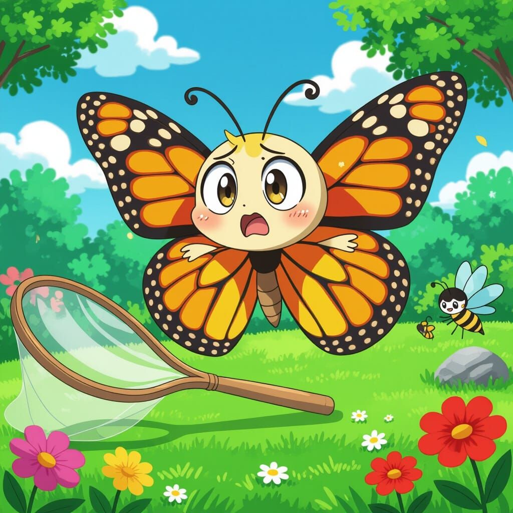 Confused Cartoon Butterfly Escapes Net: Anime Style