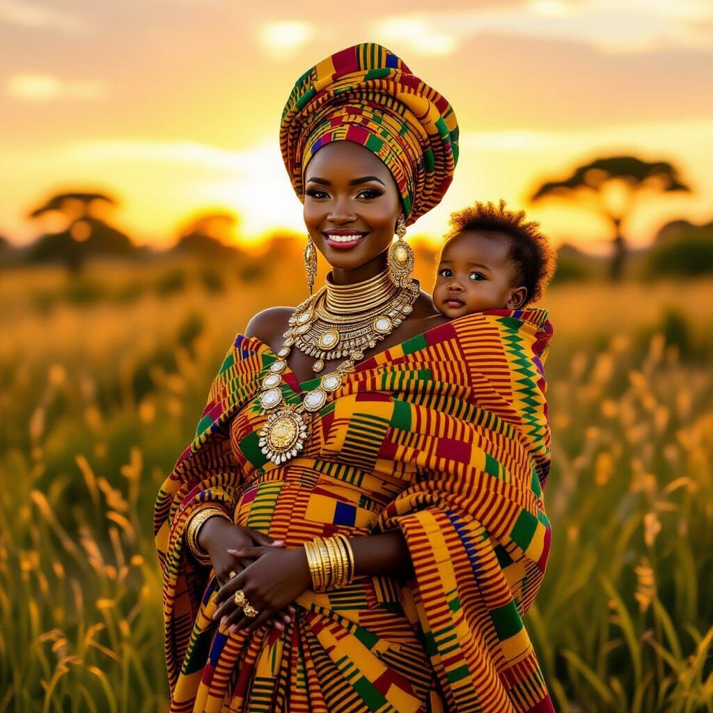 Regal Black Woman with Baby in Savannah, Oil Painting Style