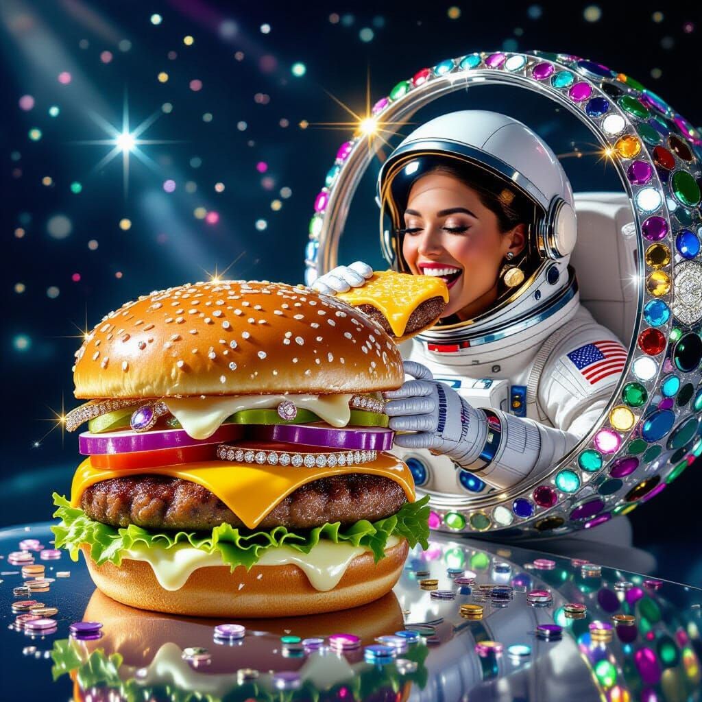 Magical Gemstone Hamburger with Astronaut in Spaceship