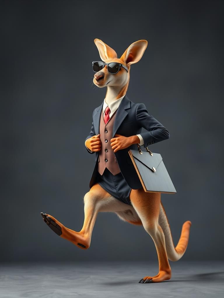 Kangaroo in Business Suit Hopping to Work