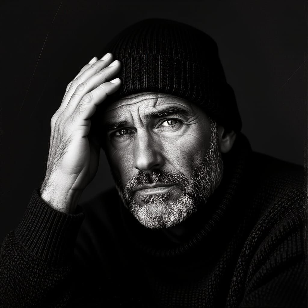 High-Contrast Portrait of Man with Somber Expression