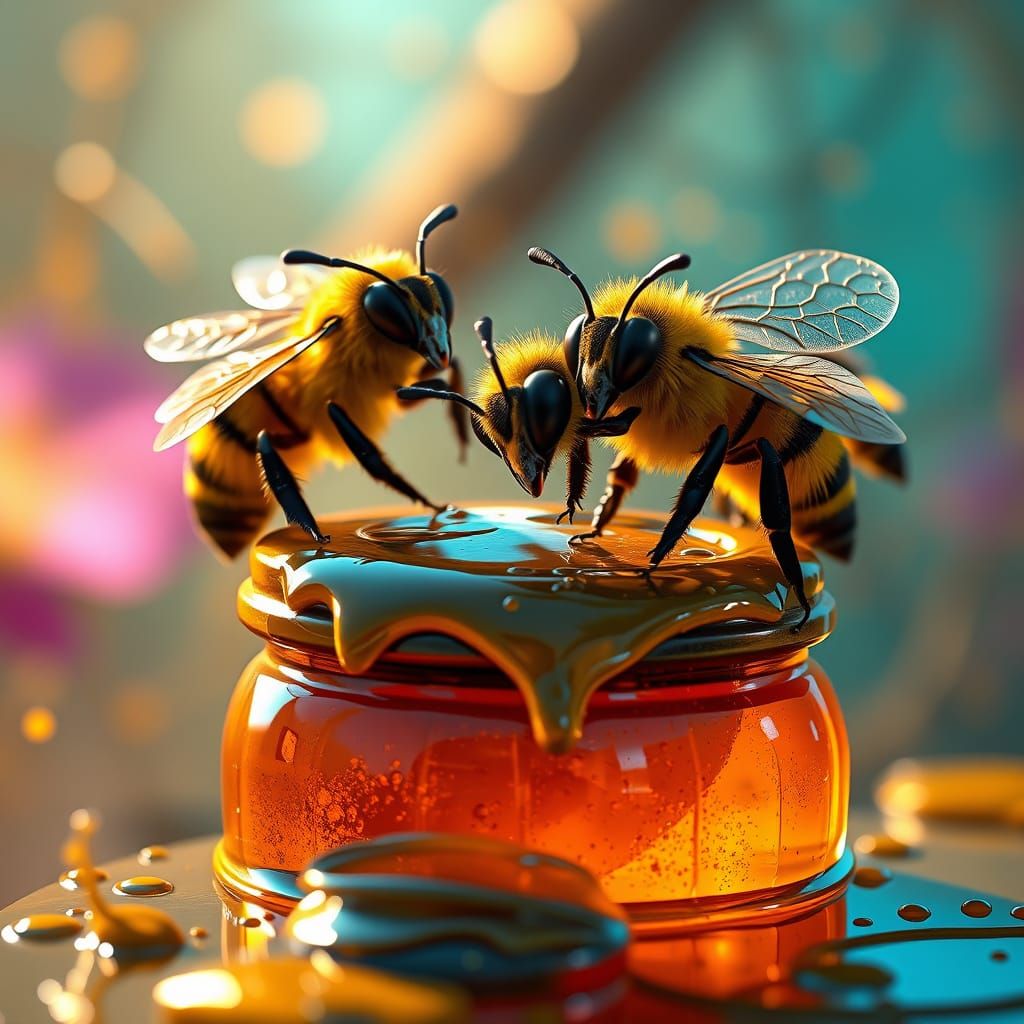 Vibrant Bees Adorn Honey Pots in Triadic Color Harmony