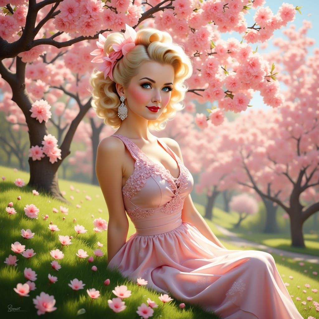 Elegant Spring Goddess with Cherry Blossom Aura