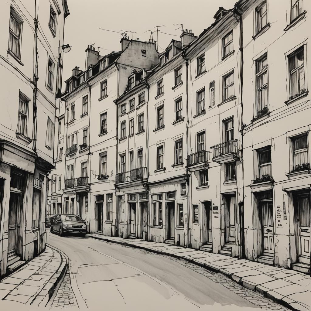 Urban Street Scene in Simple Ink Drawing
