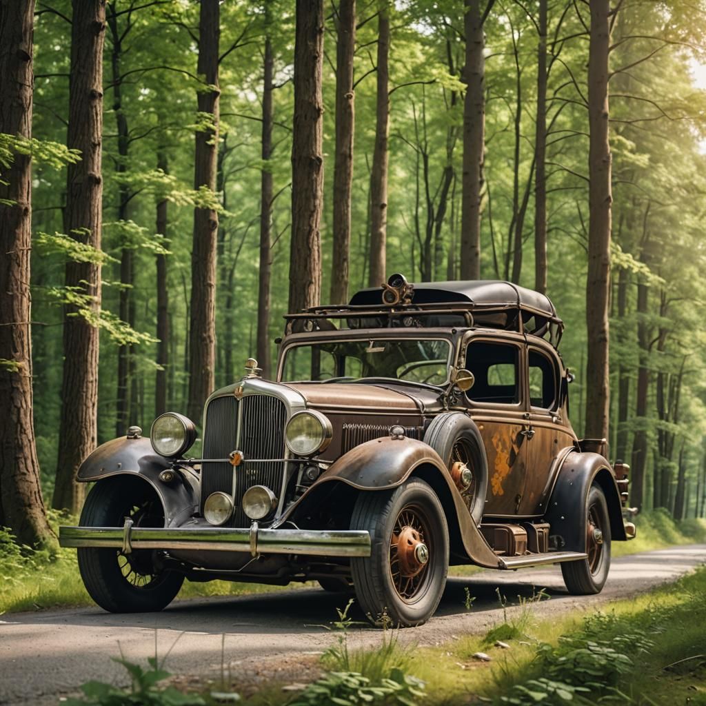 Vintage 1935 Car with Steampunk Engine in Forest