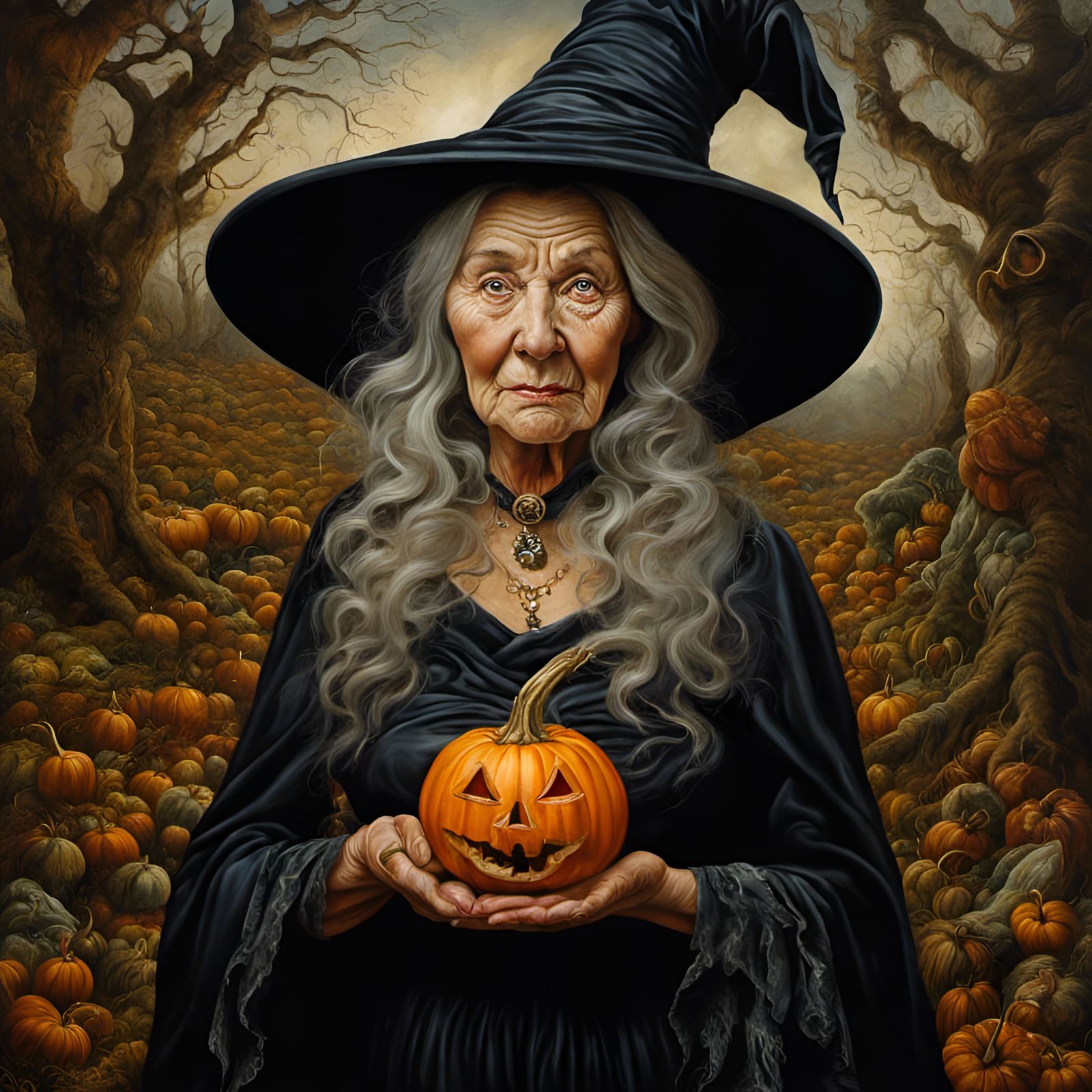 Whimsical Scary Witch Detailed Oil Painting