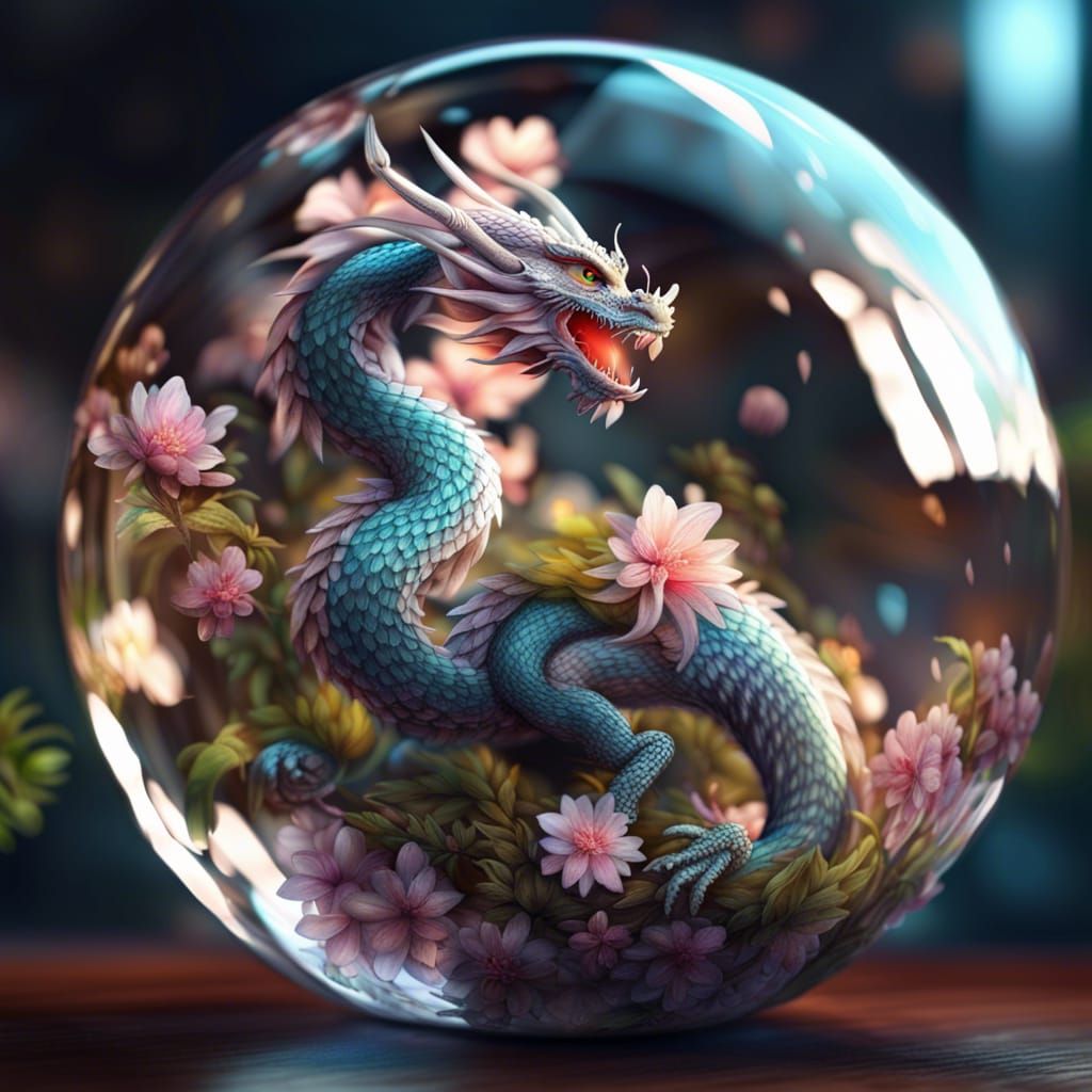 Dragon in Glass Sphere with Blossoms