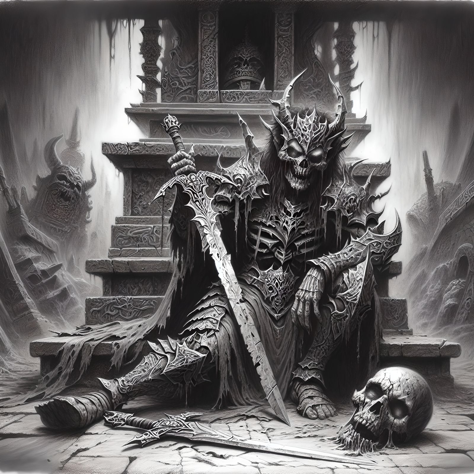 Dark Fantasy Warrior in Grayscale Pencil Art