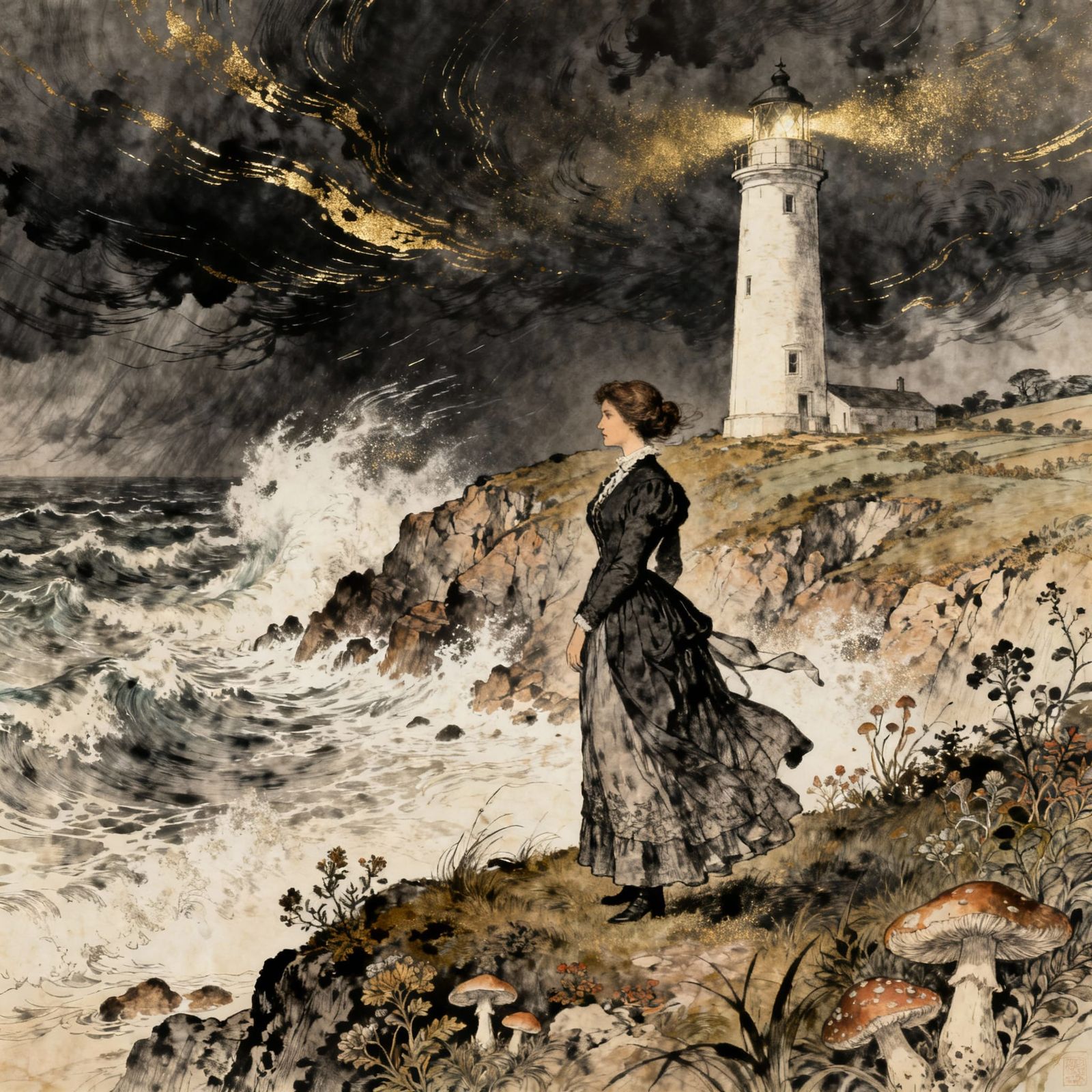 Victorian Woman on Windswept Coast with Lighthouse