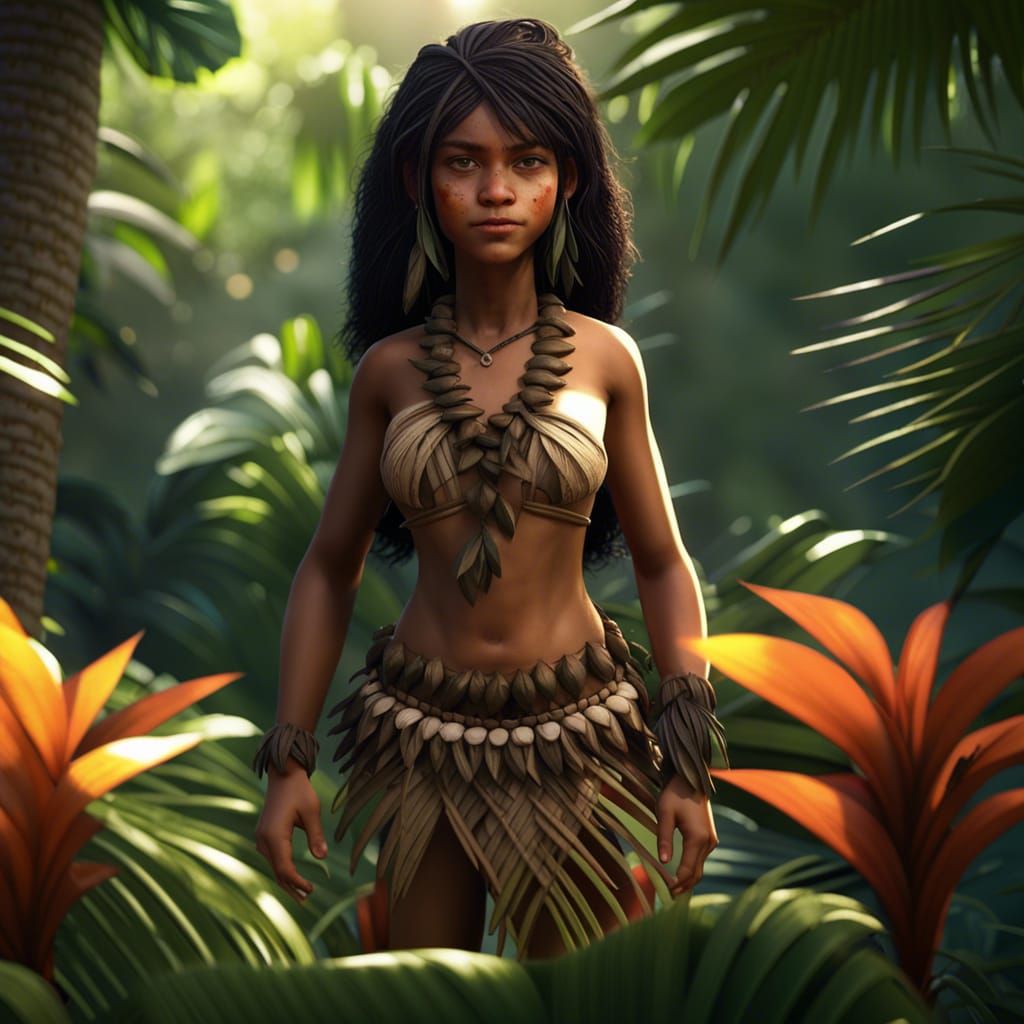 Polynesian Girl Collecting Flowers: 3D Rendered Scene