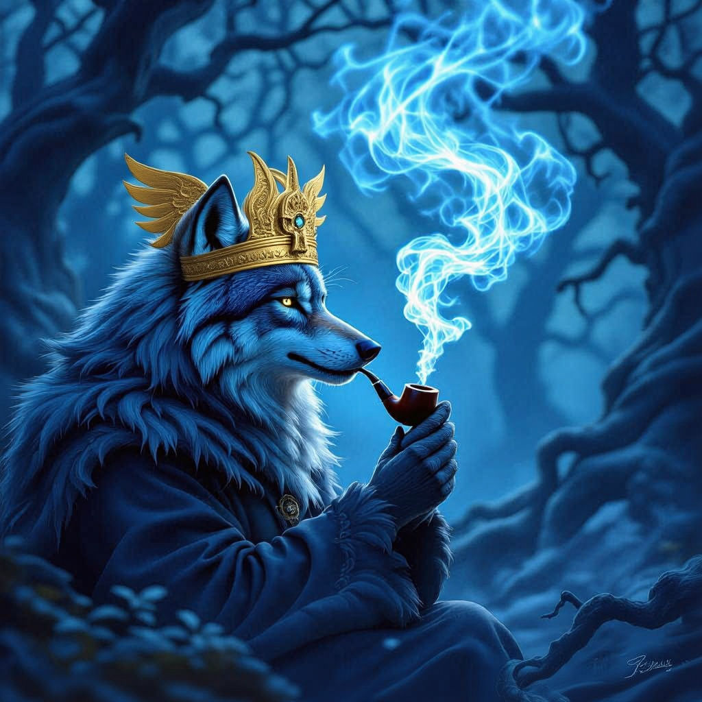 Wise Wolf Exhales Magical Frost Smoke in Ancient Forest