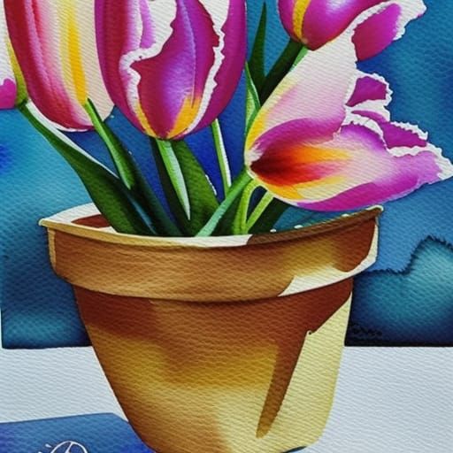 Hamster in Tulip Pot: A Watercolor Painting