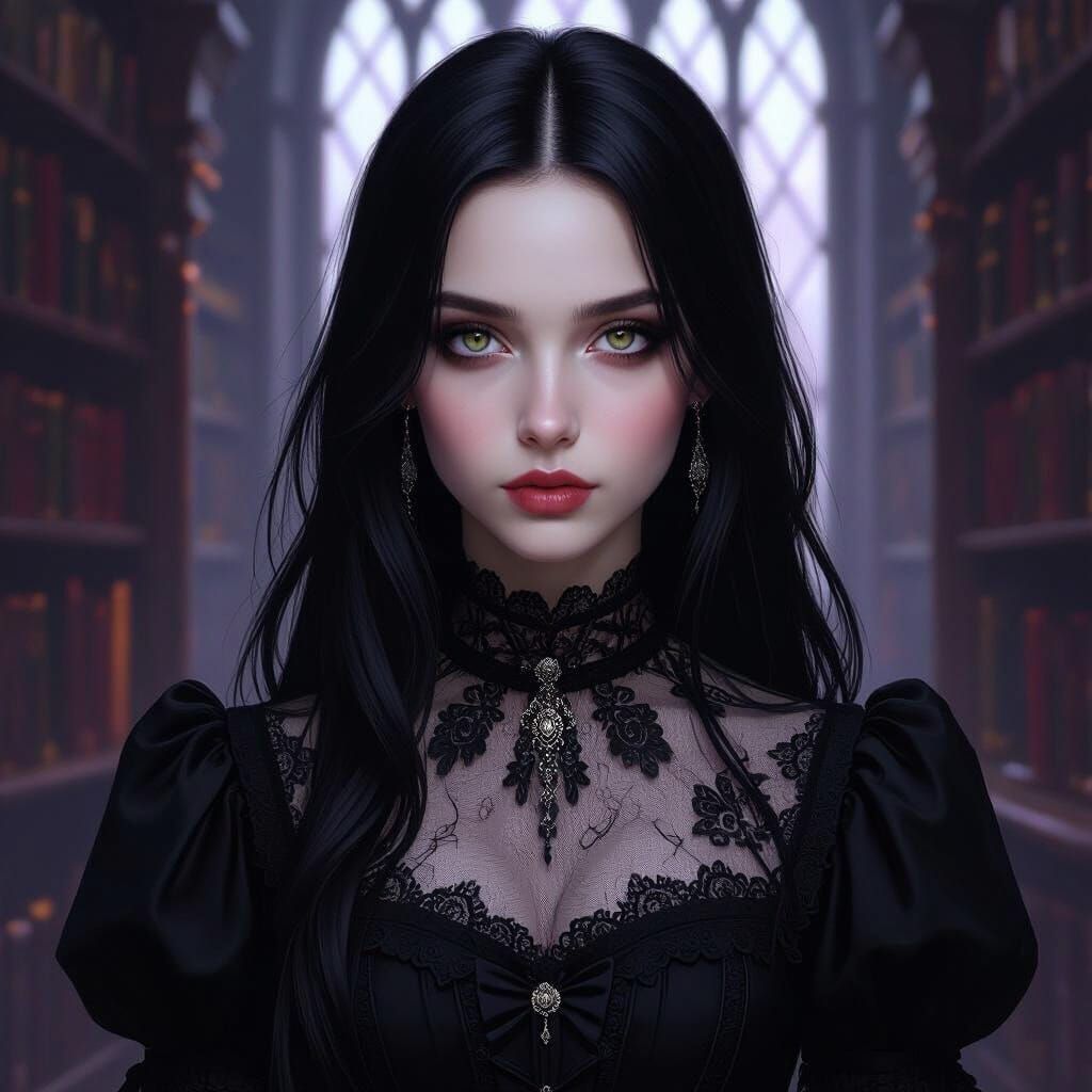 Gothic Girl in Victorian Dress in Ancient Library