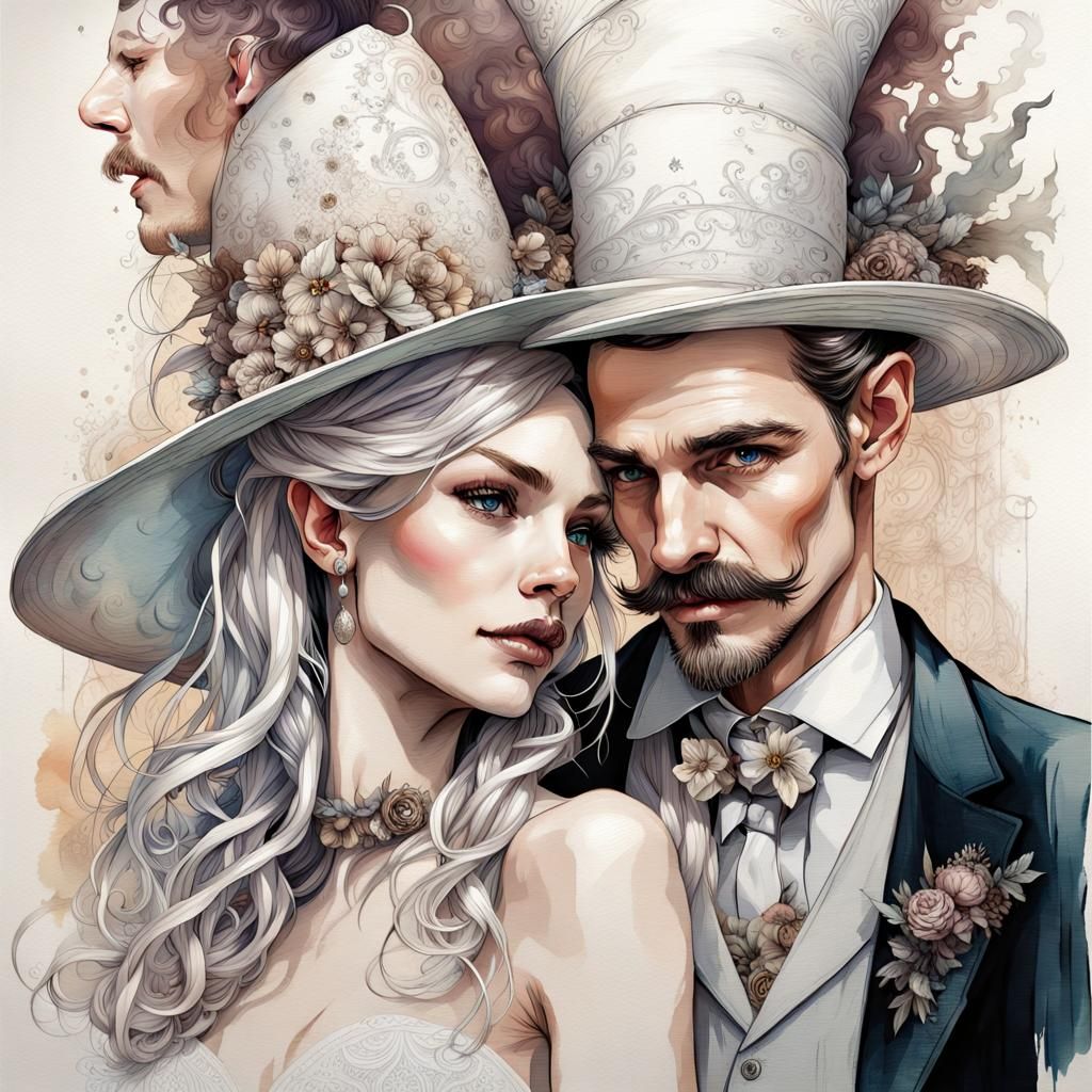Watercolor Wedding Portrait of a Witch and Man