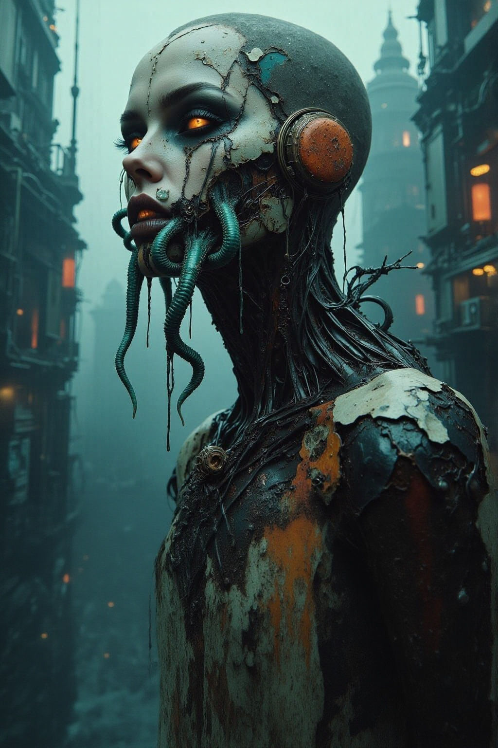 Cyberpunk Cyborg Woman with Octopus Tentacle