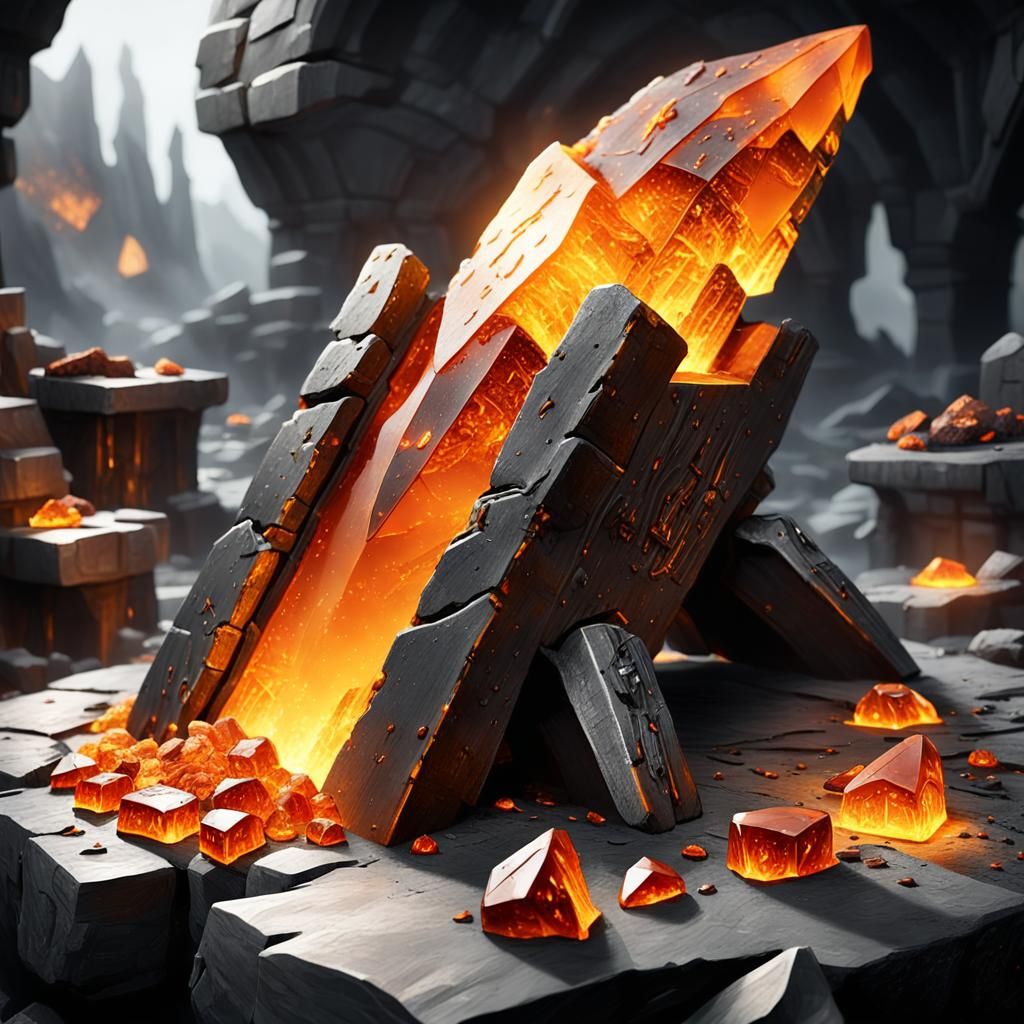 Glowing Amber Shards on Dwarven Anvil in Fantasy Forge