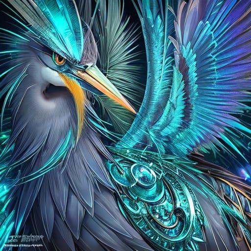 Steampunk Great Blue Heron Close-Up: Detailed Digital Art