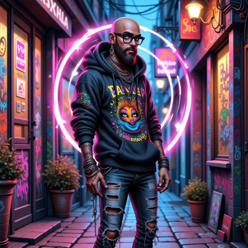 Man in Neon Alleyway with Glowing Energy Rings