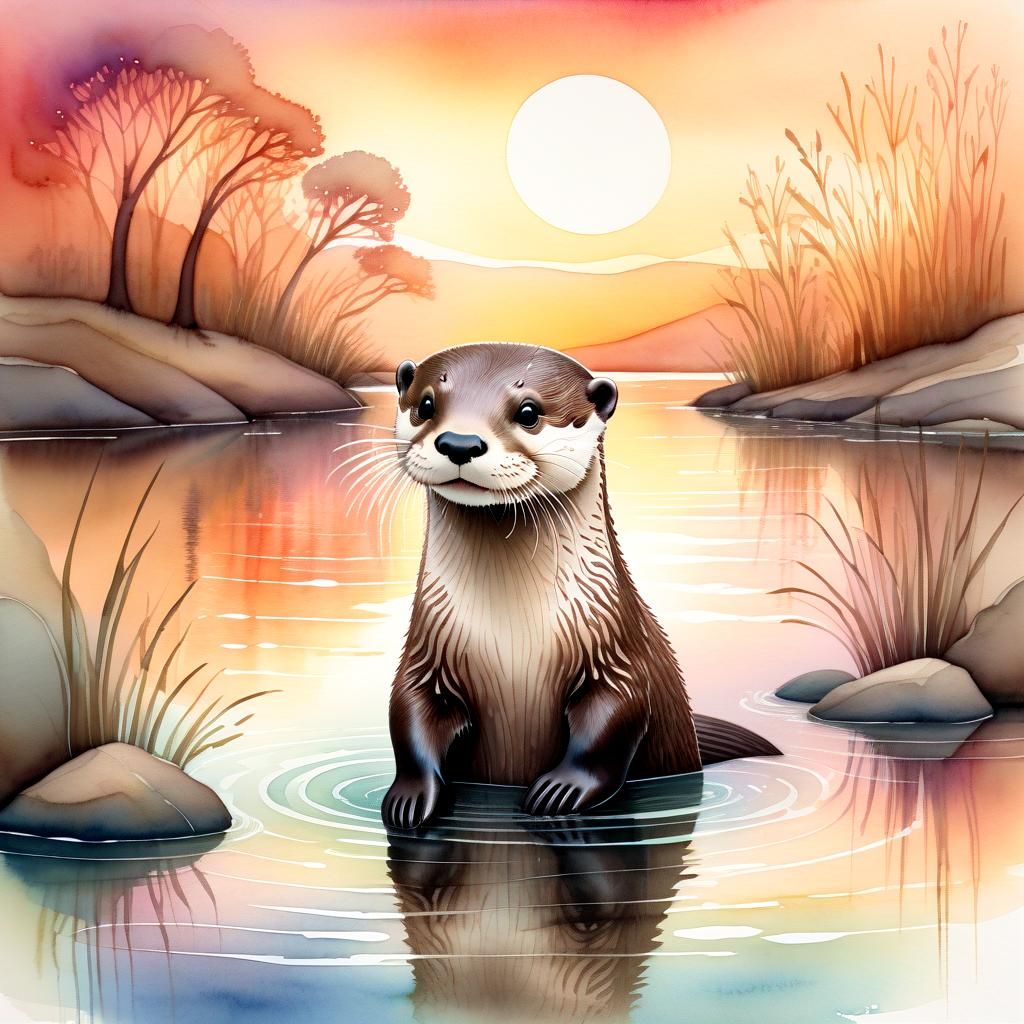 Playful Otter in Watercolor Sunset River
