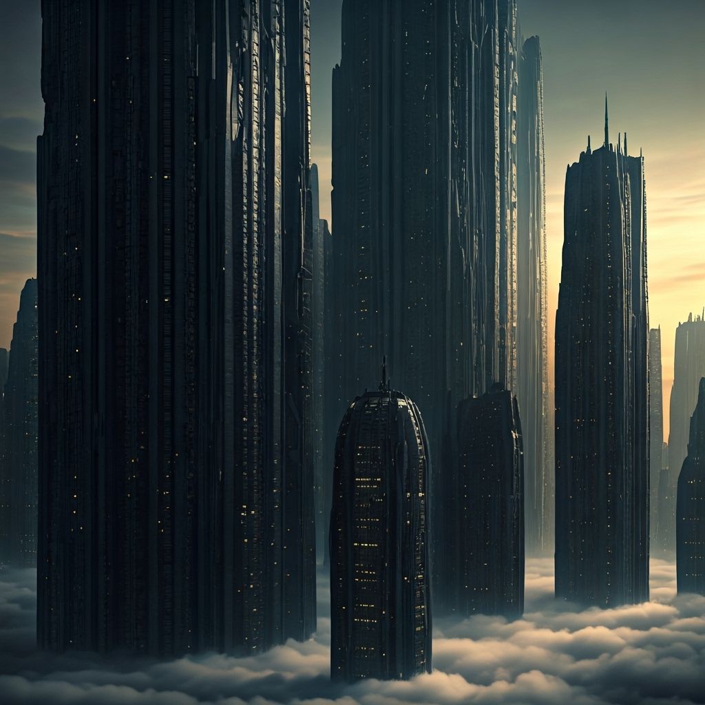 Fantasy Metropolis at Dusk in Ethereal Mist