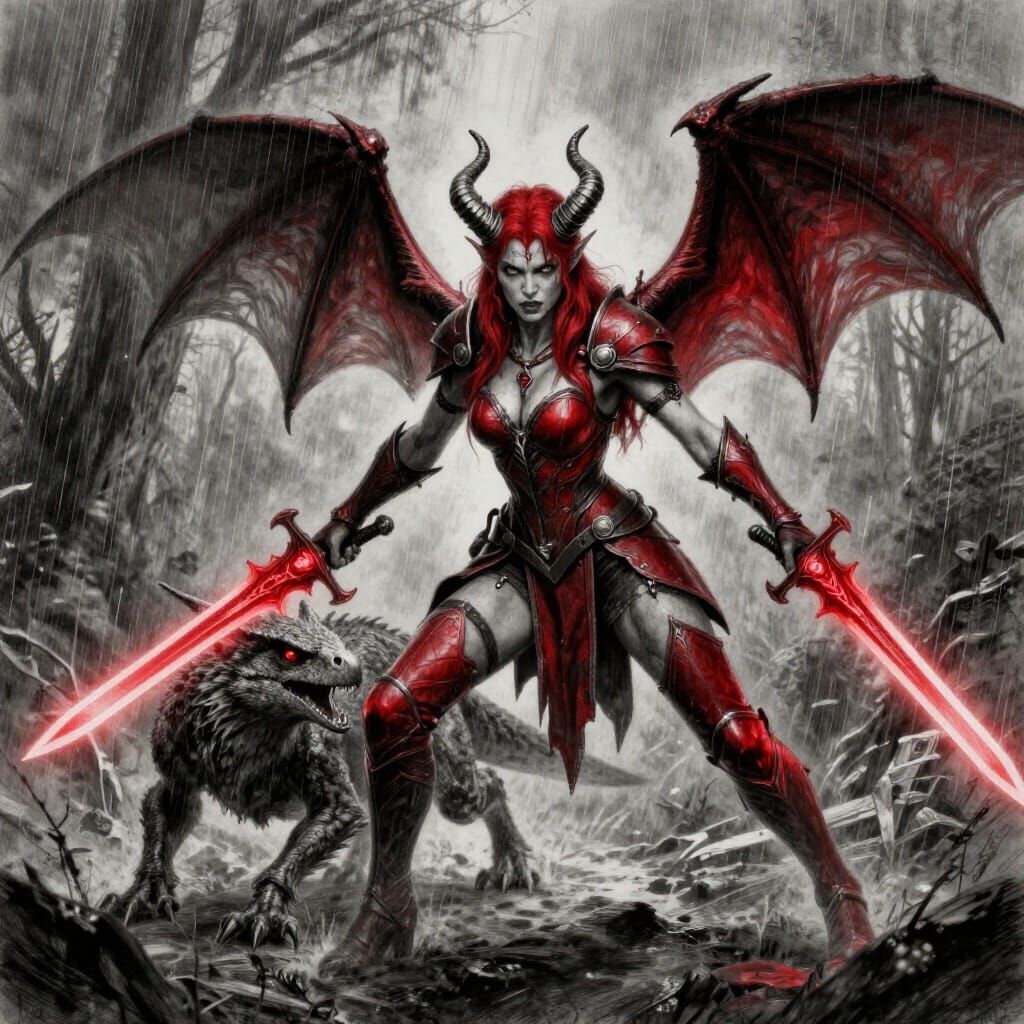 Night Elf Demon Hunter in Downpour, Charcoal Drawing Style